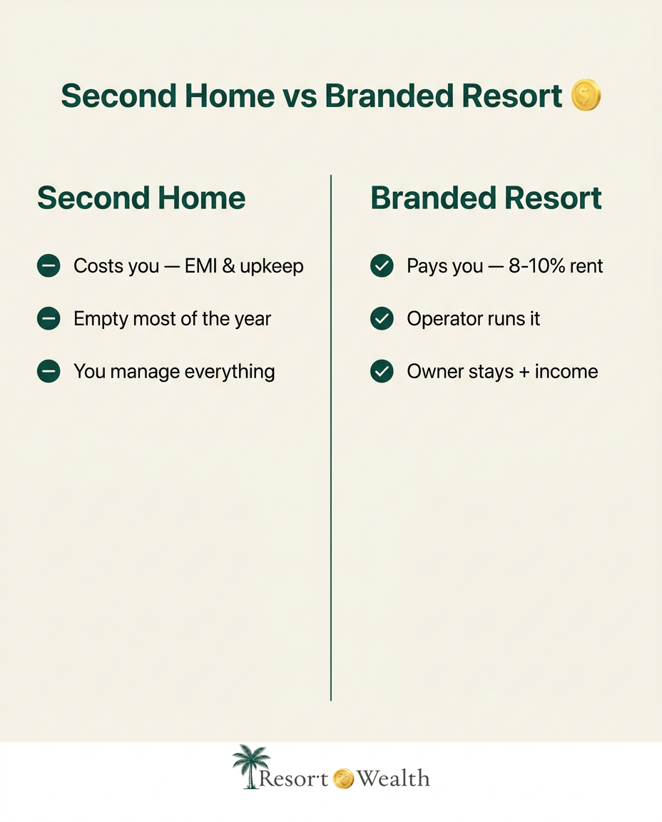 Infographic comparing a second home that costs you versus a branded resort unit that pays you 8-10% rent
