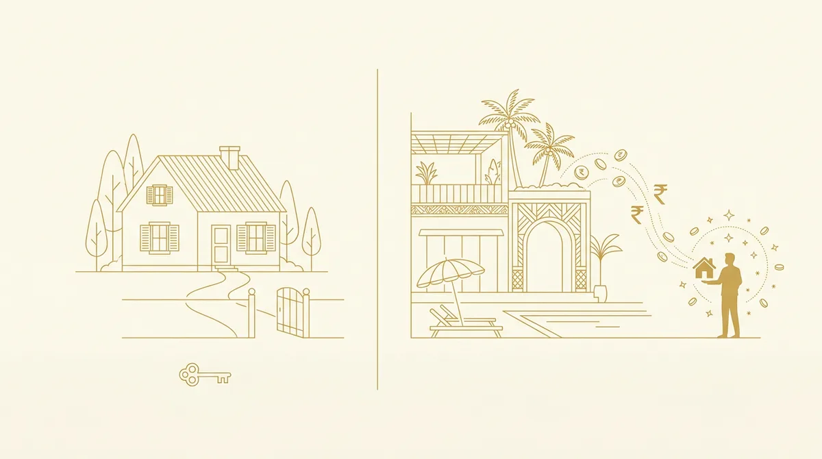 Illustration comparing a self-managed vacation home that sits empty versus a branded resort sale-leaseback that pays the owner 8-10% rental income