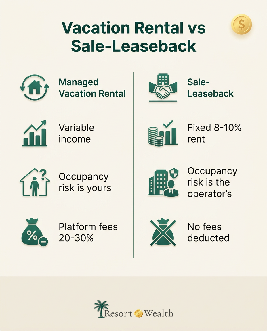 Infographic comparing managed vacation rental versus branded sale-leaseback on income, occupancy risk and fees
