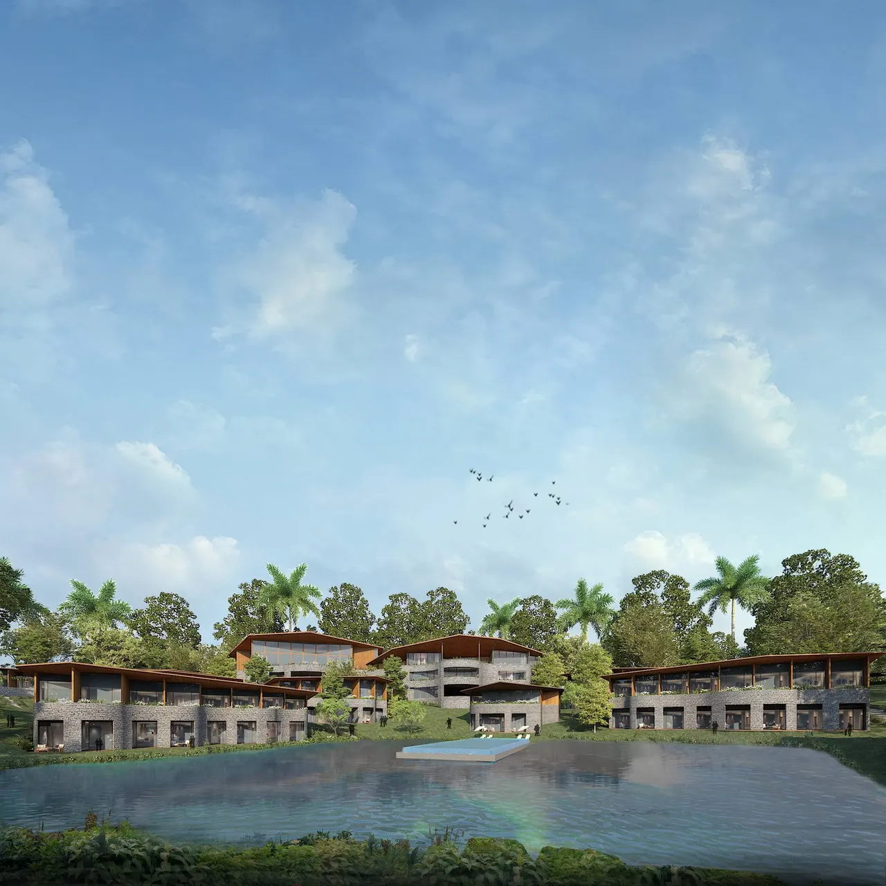Lakefront panorama of KAMAH Resort Coorg villas, Trademark Collection by Wyndham, reflected in the resort lake