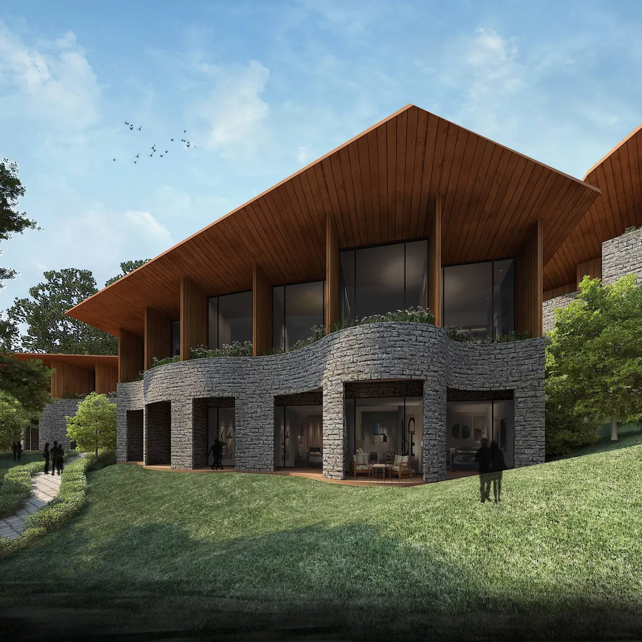 Luxury villa interior at KAMAH Resort Coorg with floor-to-ceiling glass facade and Western Ghats views