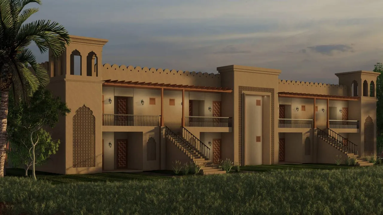 KAMAH Resort Jawai — Rajasthani fort-style accommodation block with carved jharokhas and turrets
