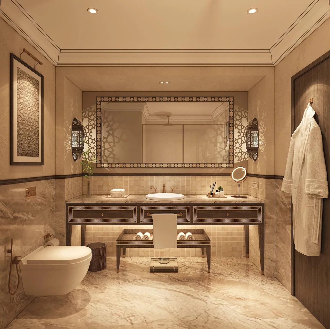 Luxury marble bathroom at Wyndham Grand Jaipur Amer with ornate mirror and walk-in shower
