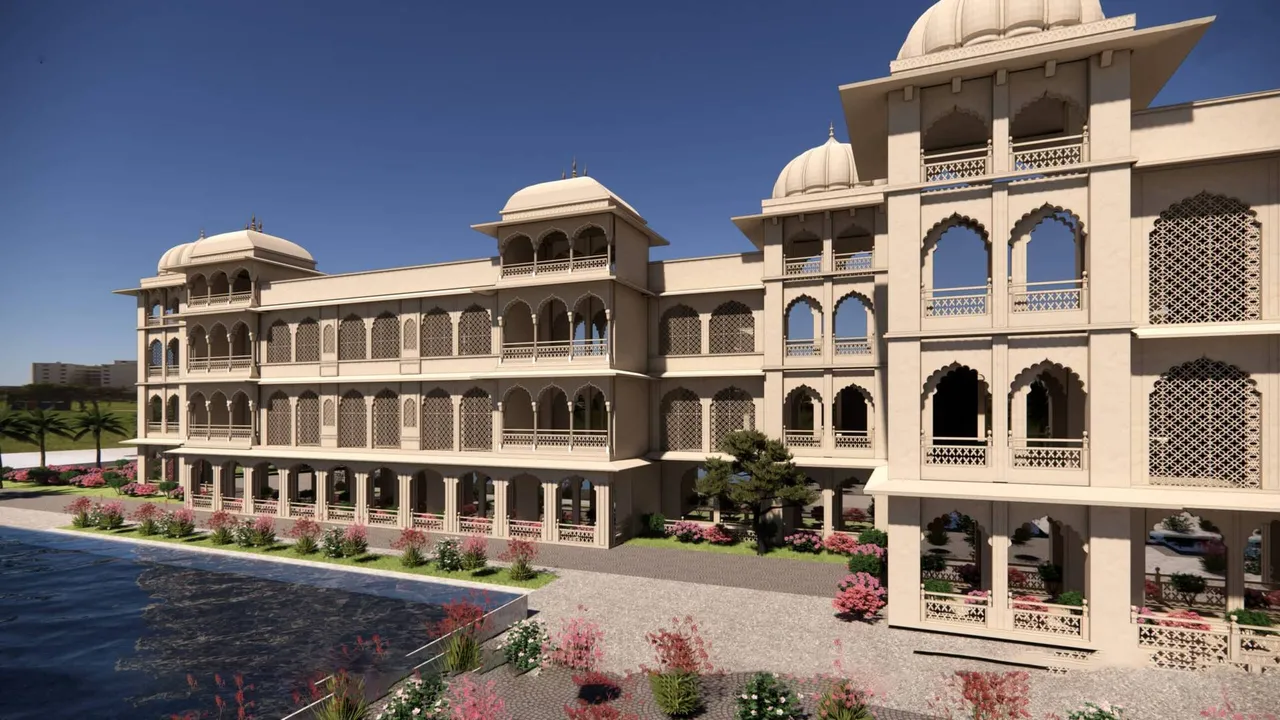 Heritage-style architecture of Wyndham Grand Jaipur Amer with carved arches, jaali screens and reflecting pool