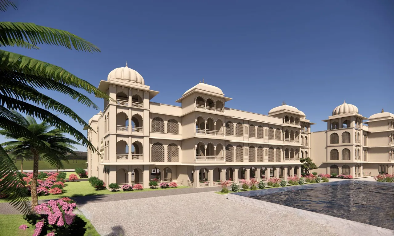 Wyndham Grand Jaipur Amer — palatial Rajasthani resort facade with domed chhatris, jharokha balconies and landscaped gardens