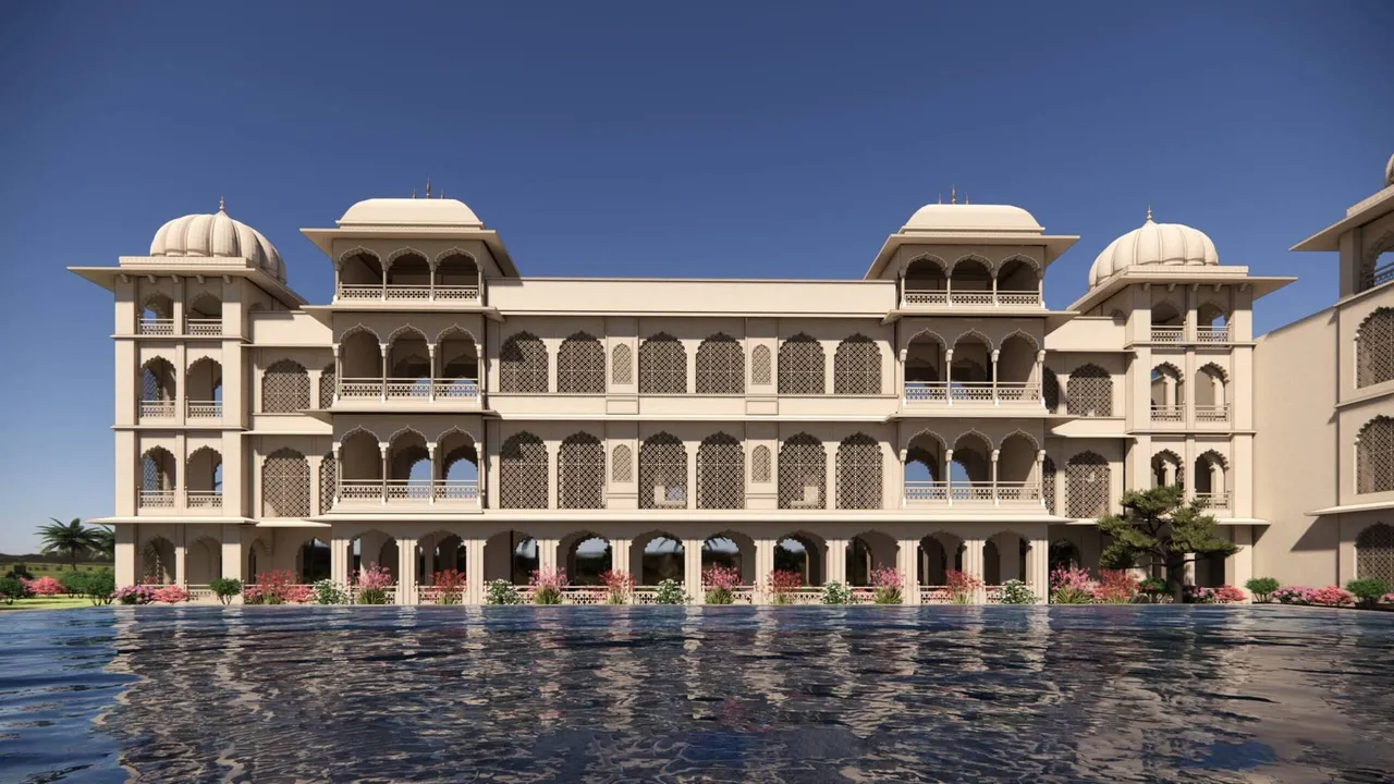 Symmetrical palace facade of Wyndham Grand Jaipur Amer reflected in the resort's water feature