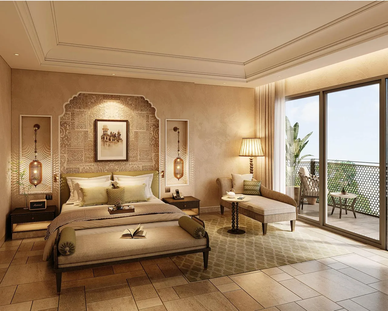 Royal suite bedroom at Wyndham Grand Jaipur Amer with Rajasthani-inspired decor and private balcony